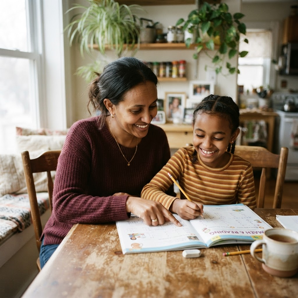 An immigrant parent and their child studying together at a kitchen table, smiling as they work through an exam workbook